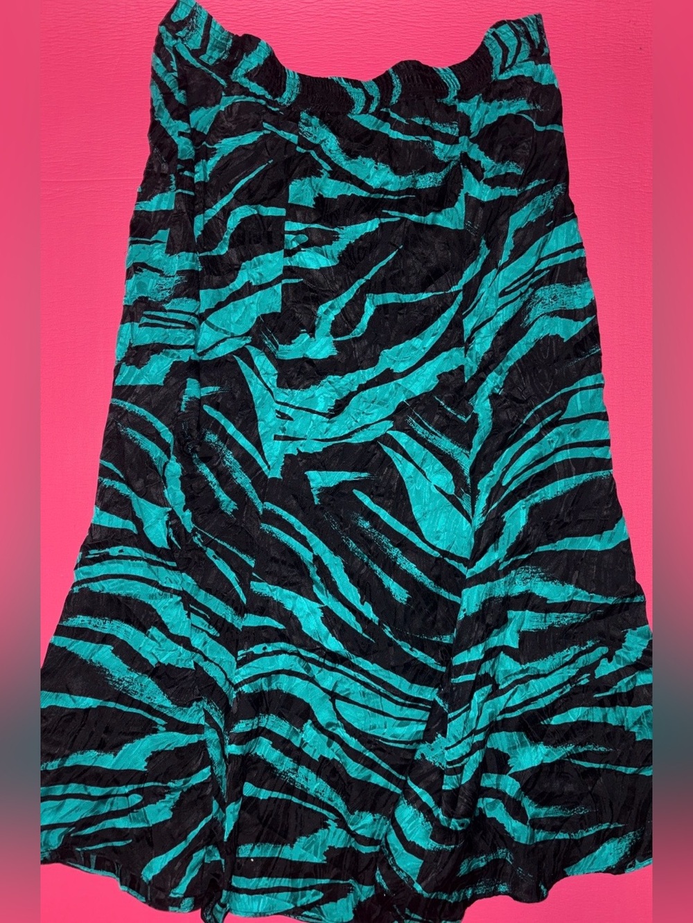 Vintage Korean silk Black & Teal Zebra-Print A-Line Skirt
